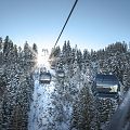 Gondeln vor verschneiten Bäumen.