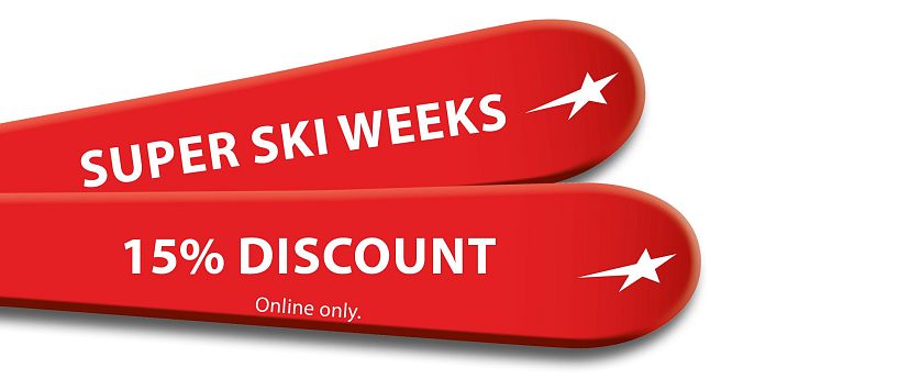 Zwei rote Ski auf weißem Hintergrund mit der Aufschrift Super Ski Weeks und 15% Discount